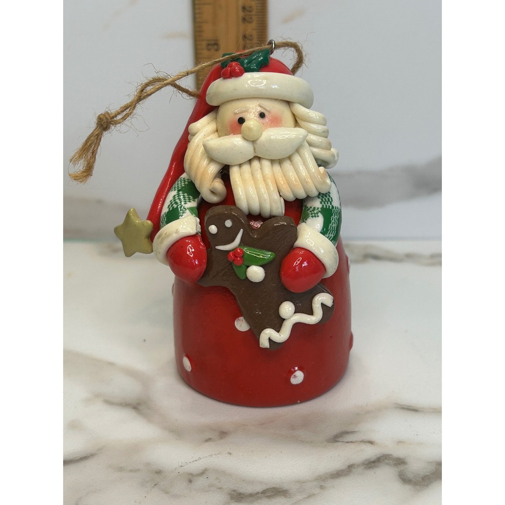 Santa Claus Gingerbread Man Bell Ornament Red Polka Dot Christmas Decor